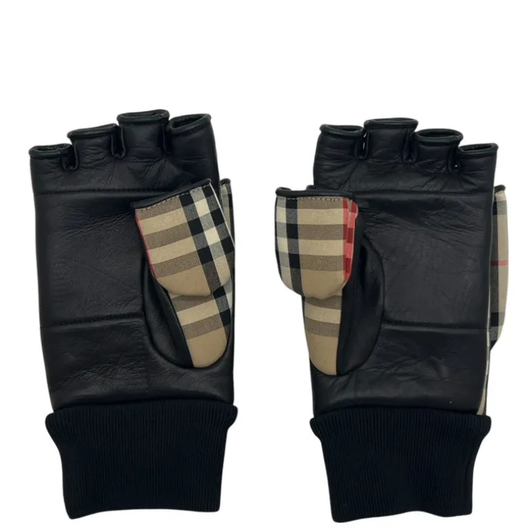 BURBERRY GUANTI IN PELLE E TESSUTO CHECK 3 IN 1 TG S